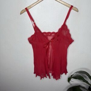 Vintage Glydons Red Tie Front Babydoll Lingerie Women's Pleated Top Lace Trim